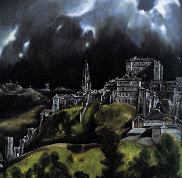 Una interpretación de Toledo por el Greco, cambiando de posición la Catedral y el Alcázar Una interpretación de Toledo por el Greco, cambiando de posición la Catedral y el Alcázar