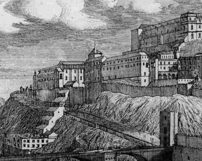 Grabado francés (1650) con la edificación escalonada que acogÃaa la maquinaria del Artificio Grabado francés (1650) con la edificación escalonada que acogÃaa la maquinaria del Artificio