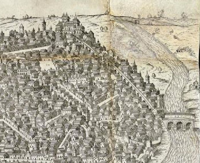 Grabado de A. Brambilla (h. 1585) mostrando el recorrido del Artificio desde el Tajo hasta el Alcázar Grabado de A. Brambilla (h. 1585) mostrando el recorrido del Artificio desde el Tajo hasta el Alcázar